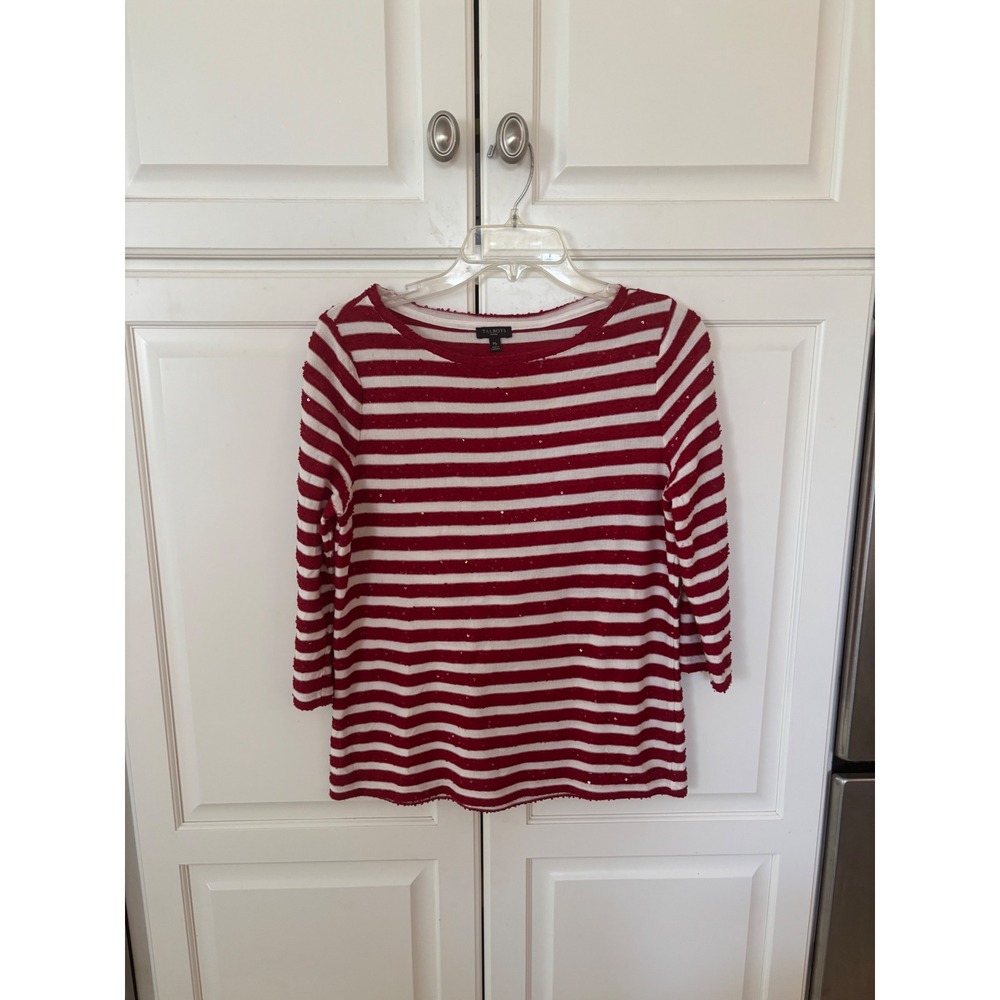 Talbots Petites Red‎ White Striped Sequin Knit Top 3/4 Sleeve Size Medium Petite